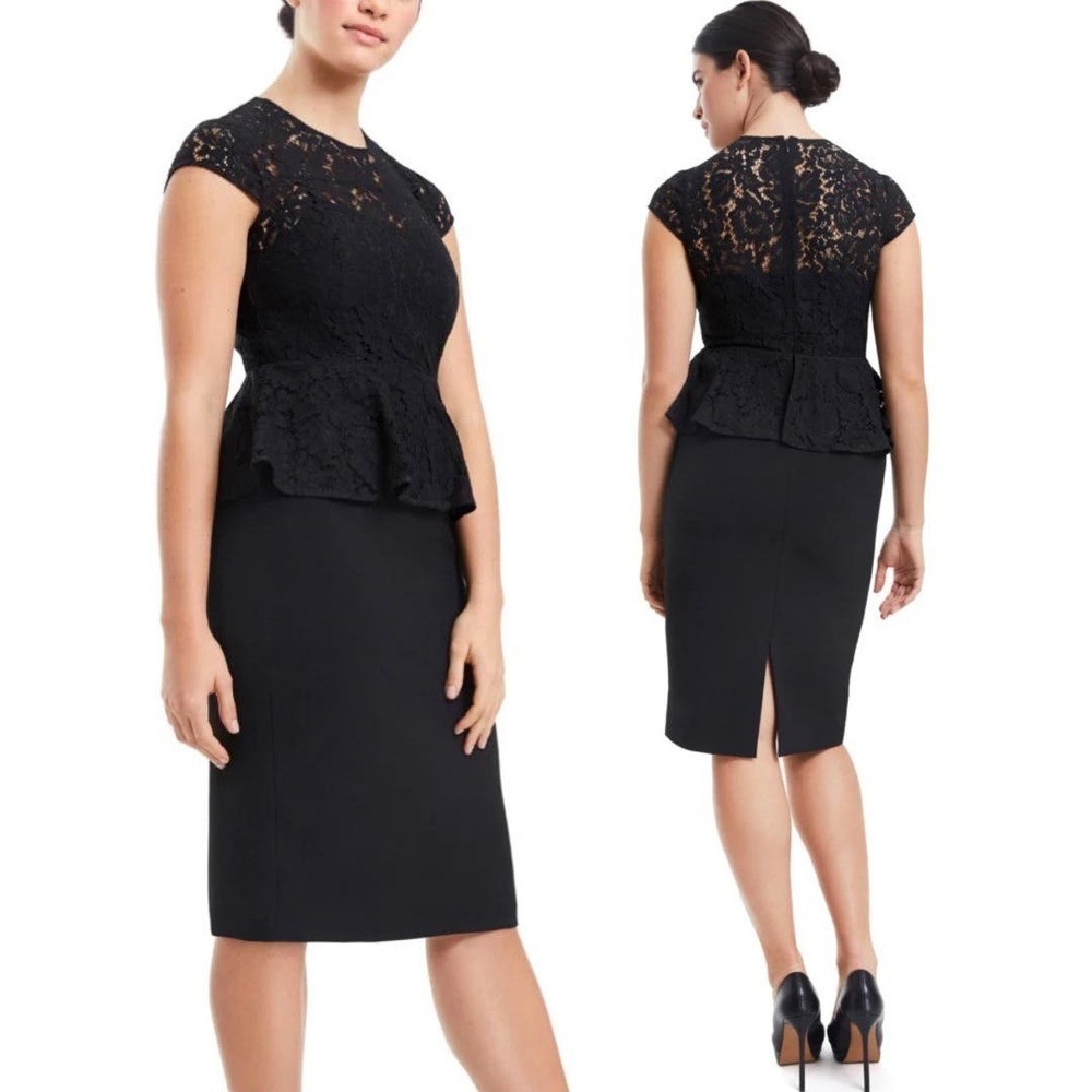 Project Gravitas Cap Sleeve Lace Peplum Sheath Knee Length Midi Dress Black - 6